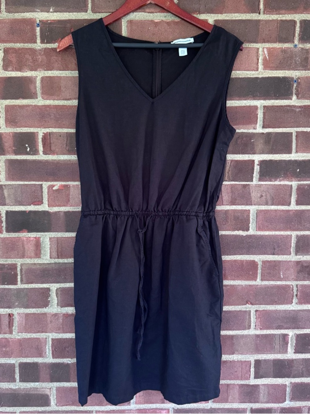 Amazon Essentials Black Sleeveless Dress V Neck Elastic Waist Medium Linen